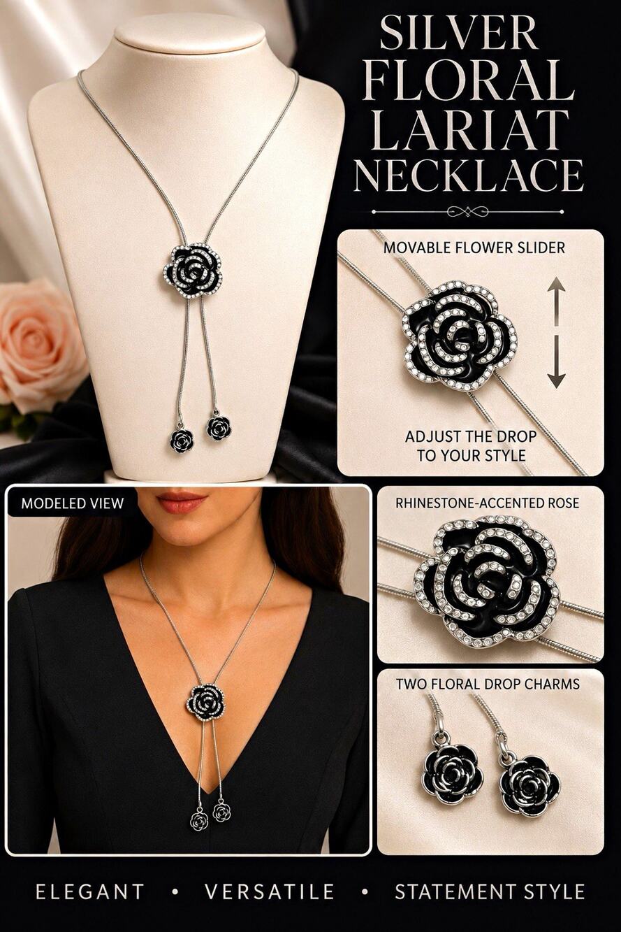 Silver Tone Floral Rose Charm Lariat Necklace Clear Rhinestone Enamel Adjustable